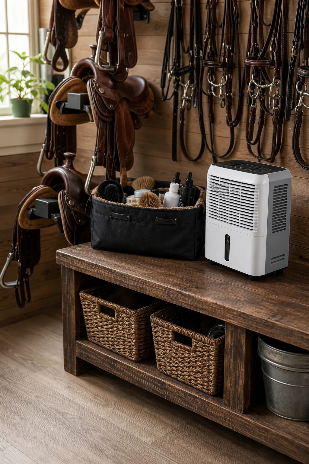 A white dehumidifier unit sitting on a wooden bench beside a black tote filled with grooming supplies.