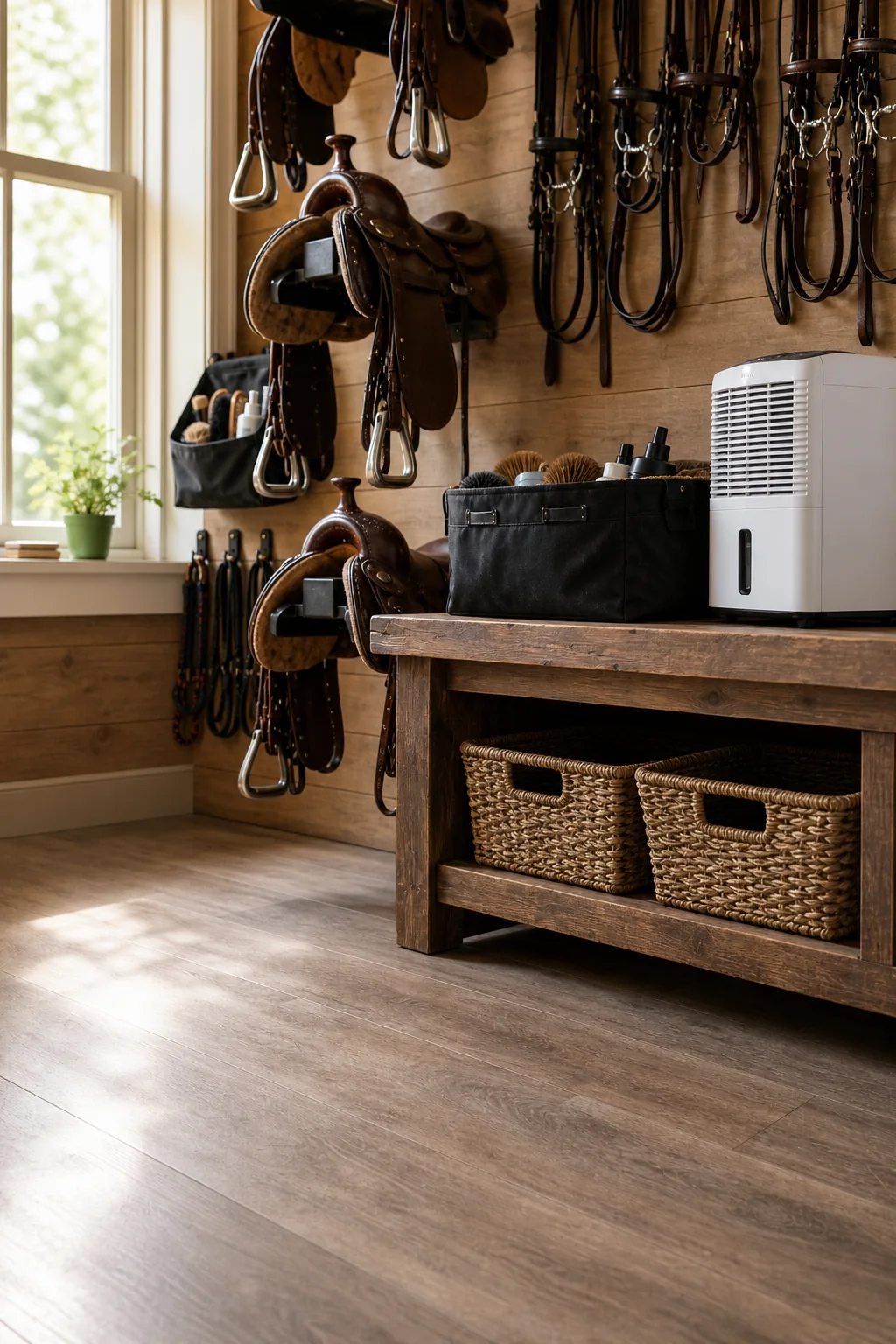 Two woven storage baskets tucked neatly underneath a rustic wooden bench in a tack room.