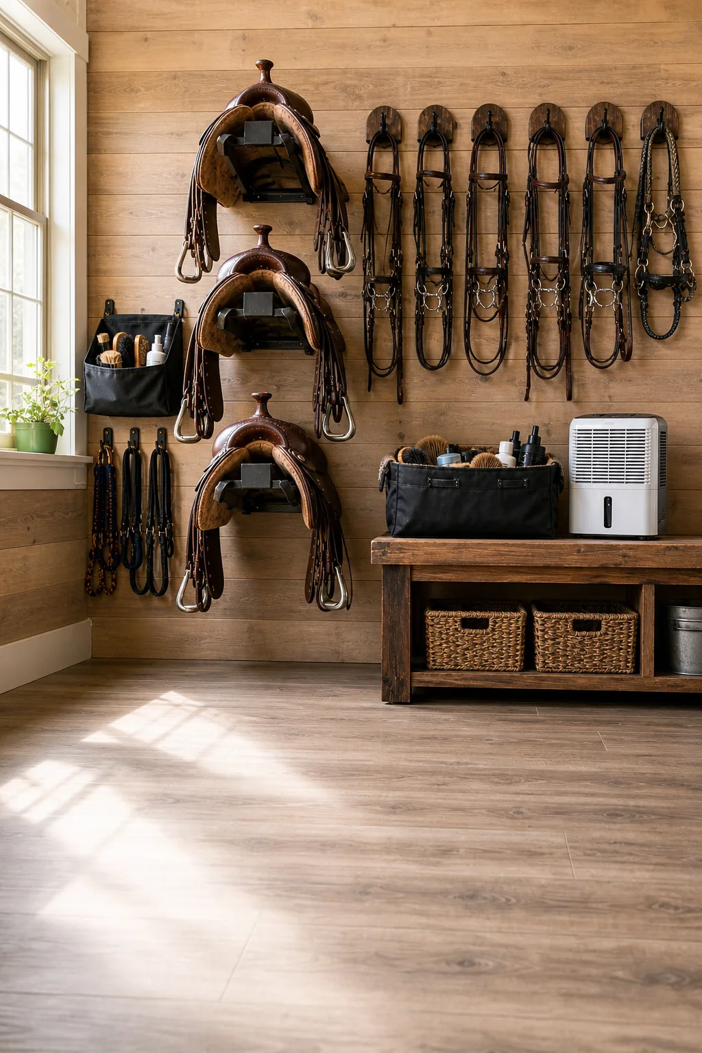 A floor-level view of a tack room showing clear empty space beneath the lowest hanging saddle and bench.