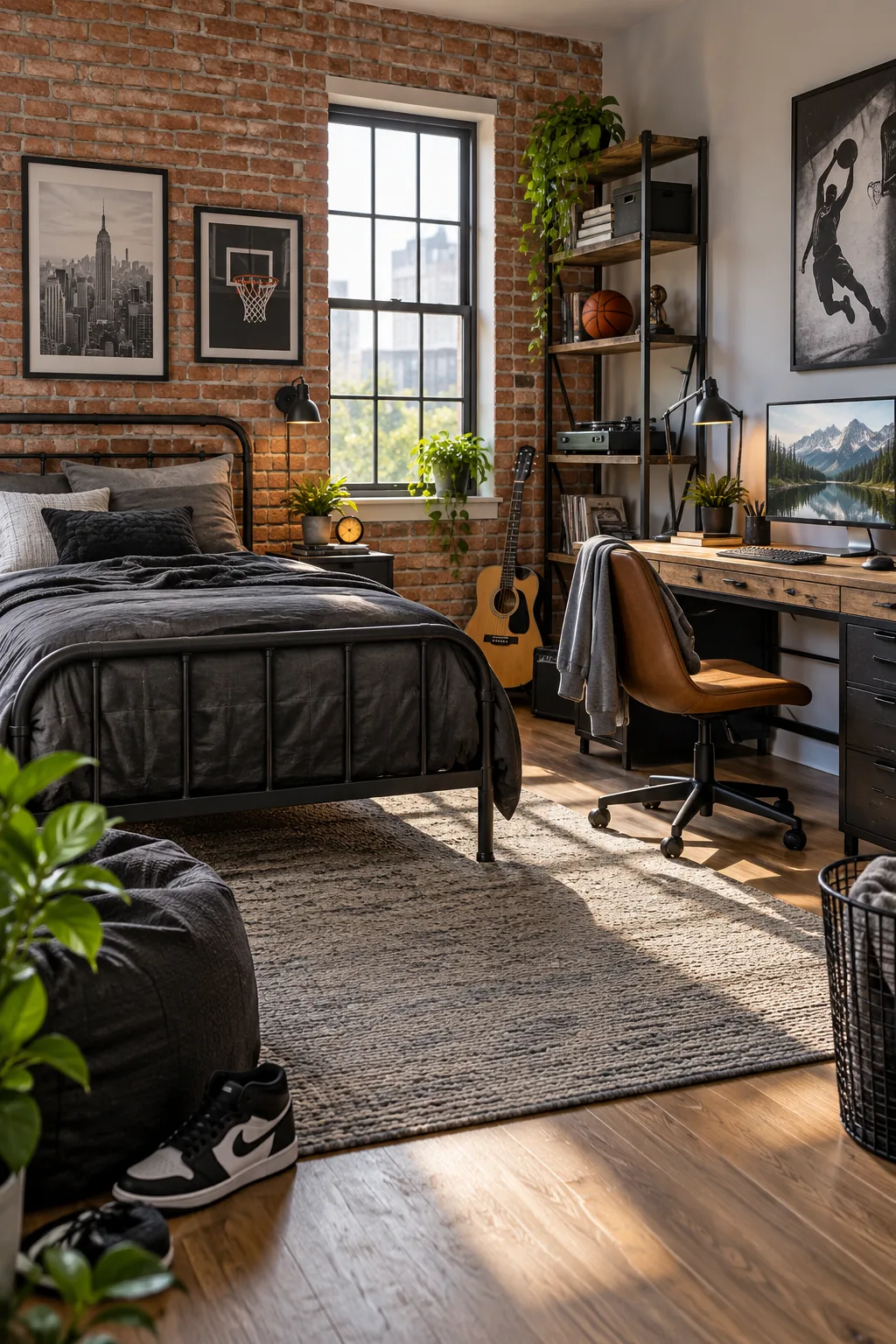 An industrial teen bedroom with a brick wall, metal bed frame, and charcoal bedding.