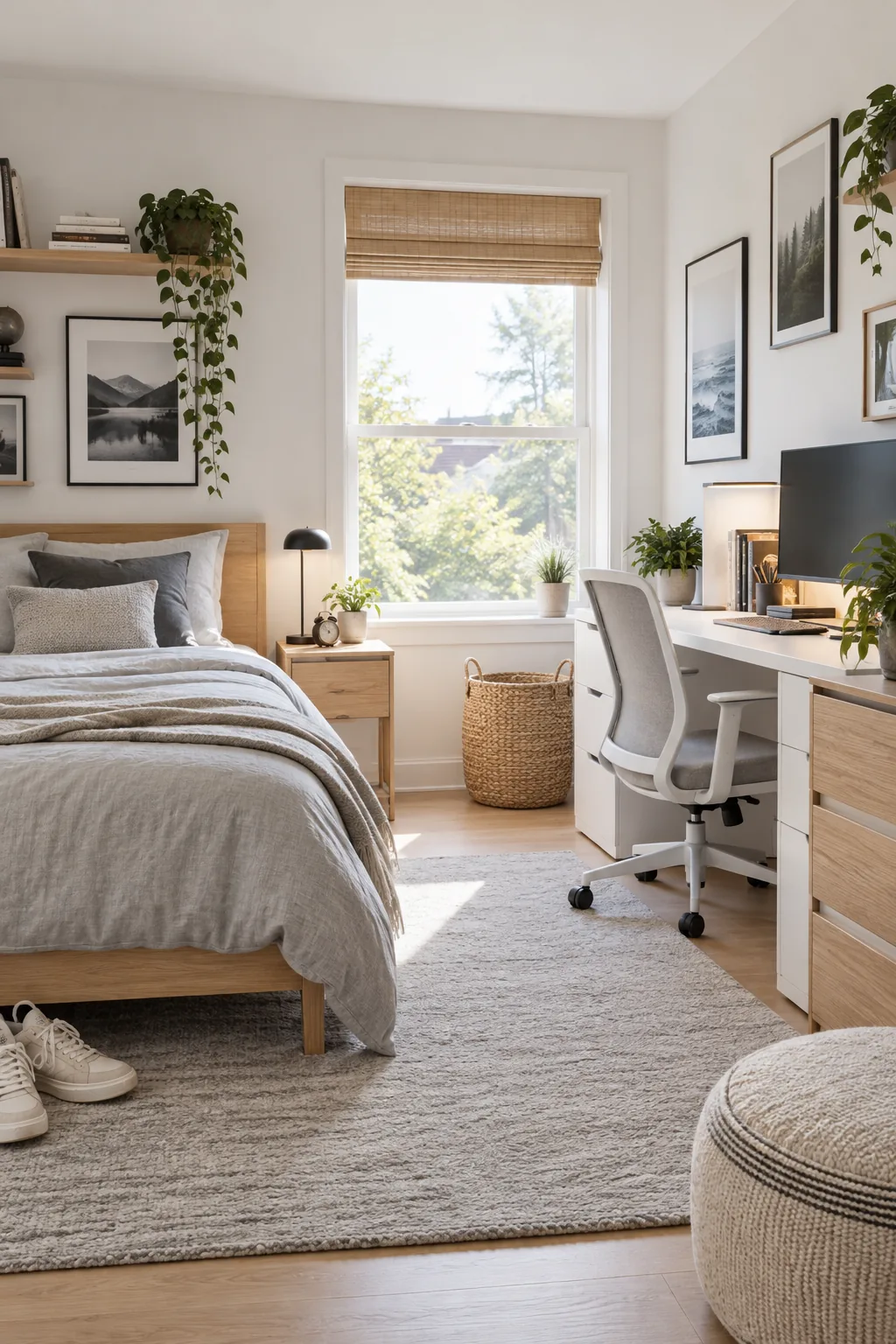 A minimalist Scandinavian teen bedroom with light oak furniture and pale grey bedding.