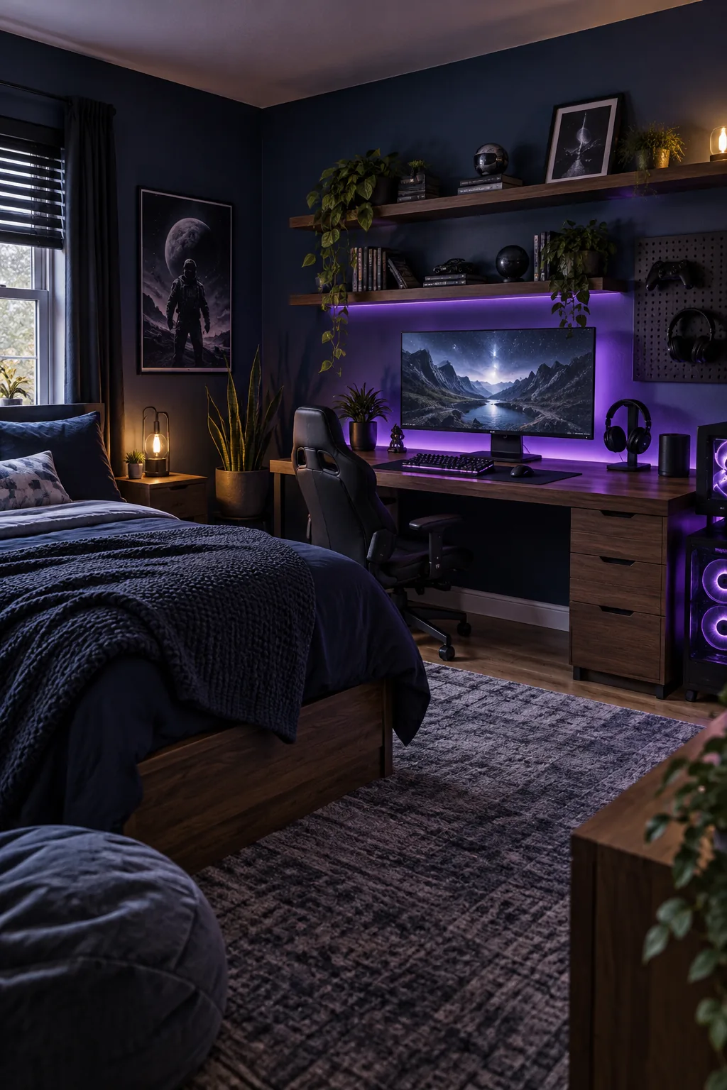 A dark moody teen bedroom with navy walls, walnut wood, and purple ambient lighting.