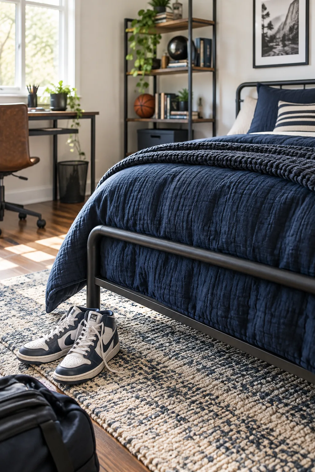 The foot of a long bed with a navy blue duvet and a pair of sneakers resting on the rug below.