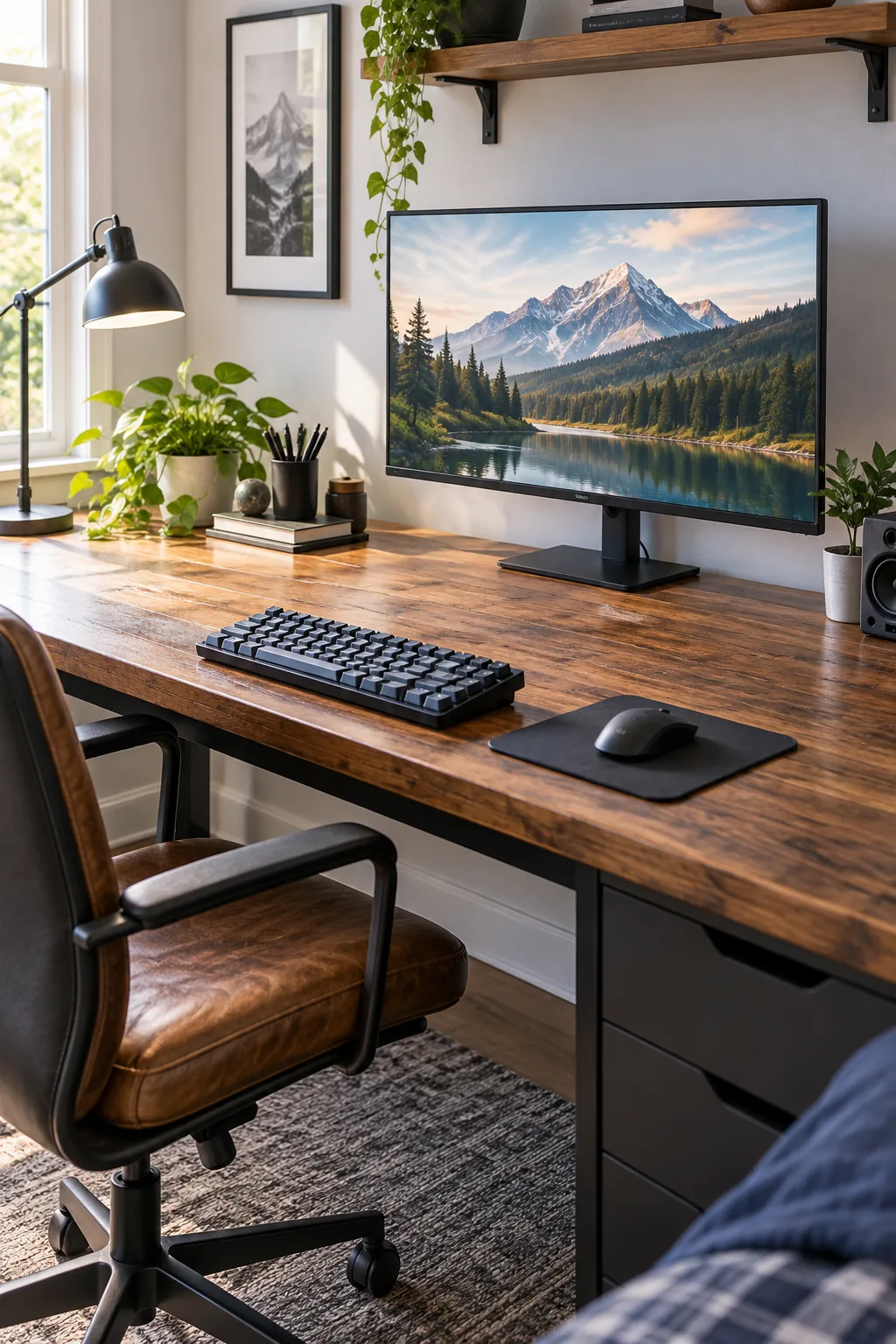 A deep wooden desk surface showing ample space between a keyboard and a computer monitor.