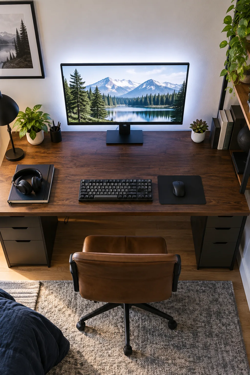 A computer monitor glowing with a soft white LED backlight against a plain wall.