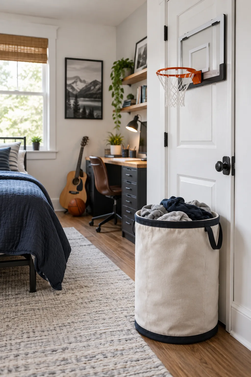 A mini basketball hoop mounted on a door directly above an open canvas laundry hamper.
