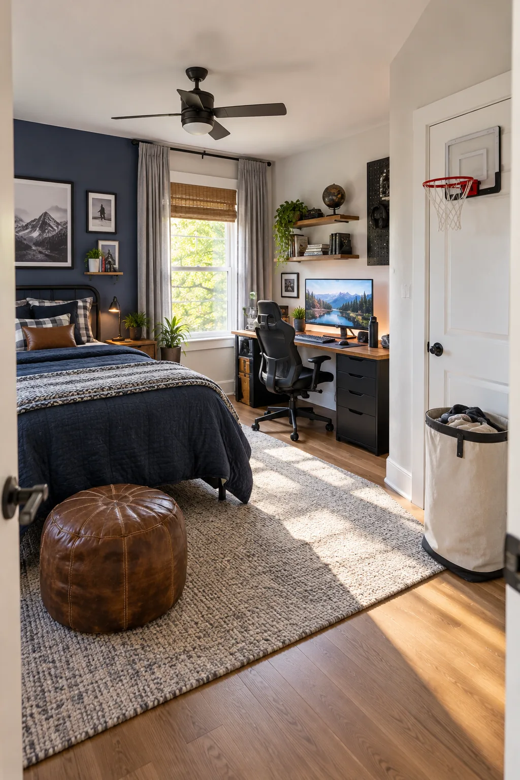 A cohesive teen bedroom layout showing a bed, a desk workstation, and a laundry area.