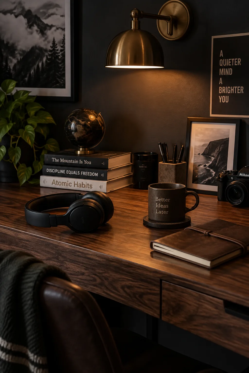 A teen boy bedroom with deep charcoal gray walls, a warm wood bed frame, and brass wall sconces.