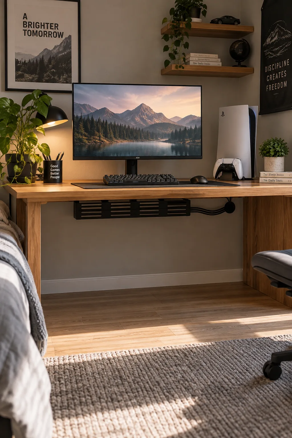 A clean modern desk with a cable management tray hiding all cords and a sleek desk grommet.