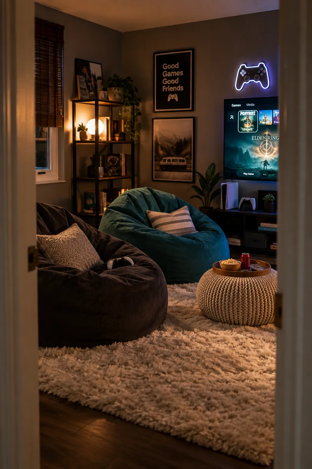 A corner lounge area with two structured bean bag chairs and a small round pouf on a thick rug.