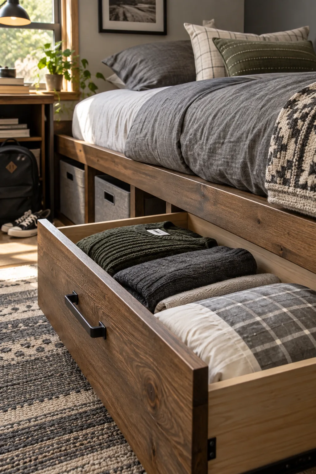 A modern storage platform bed with deep rolling drawers pulled out to show clothing organization.