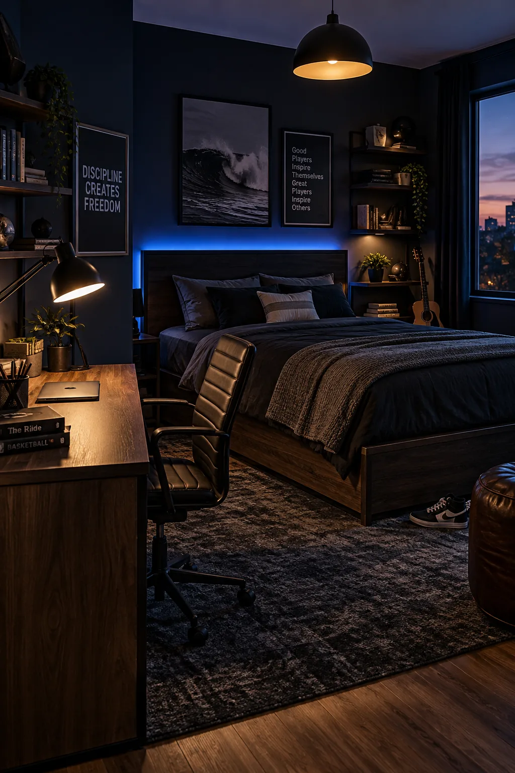 A teen bedroom featuring a directional task lamp on the desk and ambient LED strip lights behind the headboard.