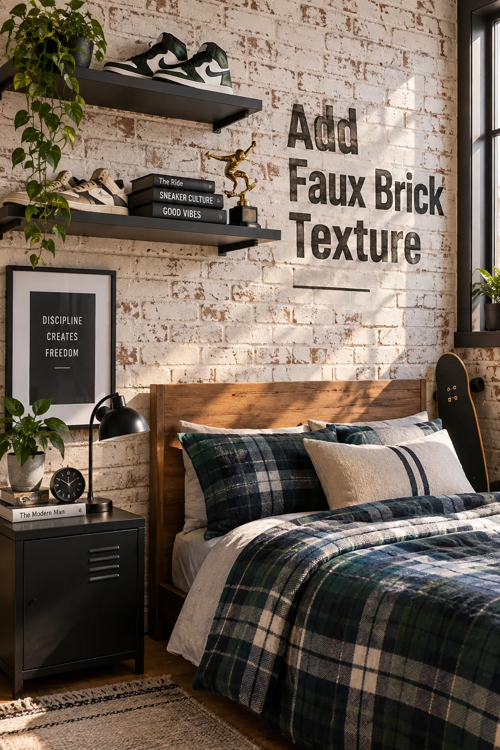 A teen boy room with a distressed white faux brick accent wall and floating metal shelves.