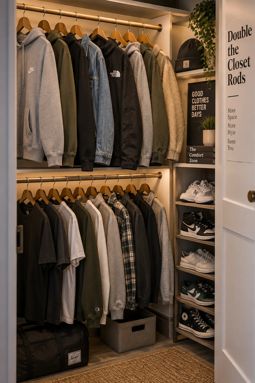 An organized closet with a double hang rod system full of hoodies and a shoe rack at the bottom.