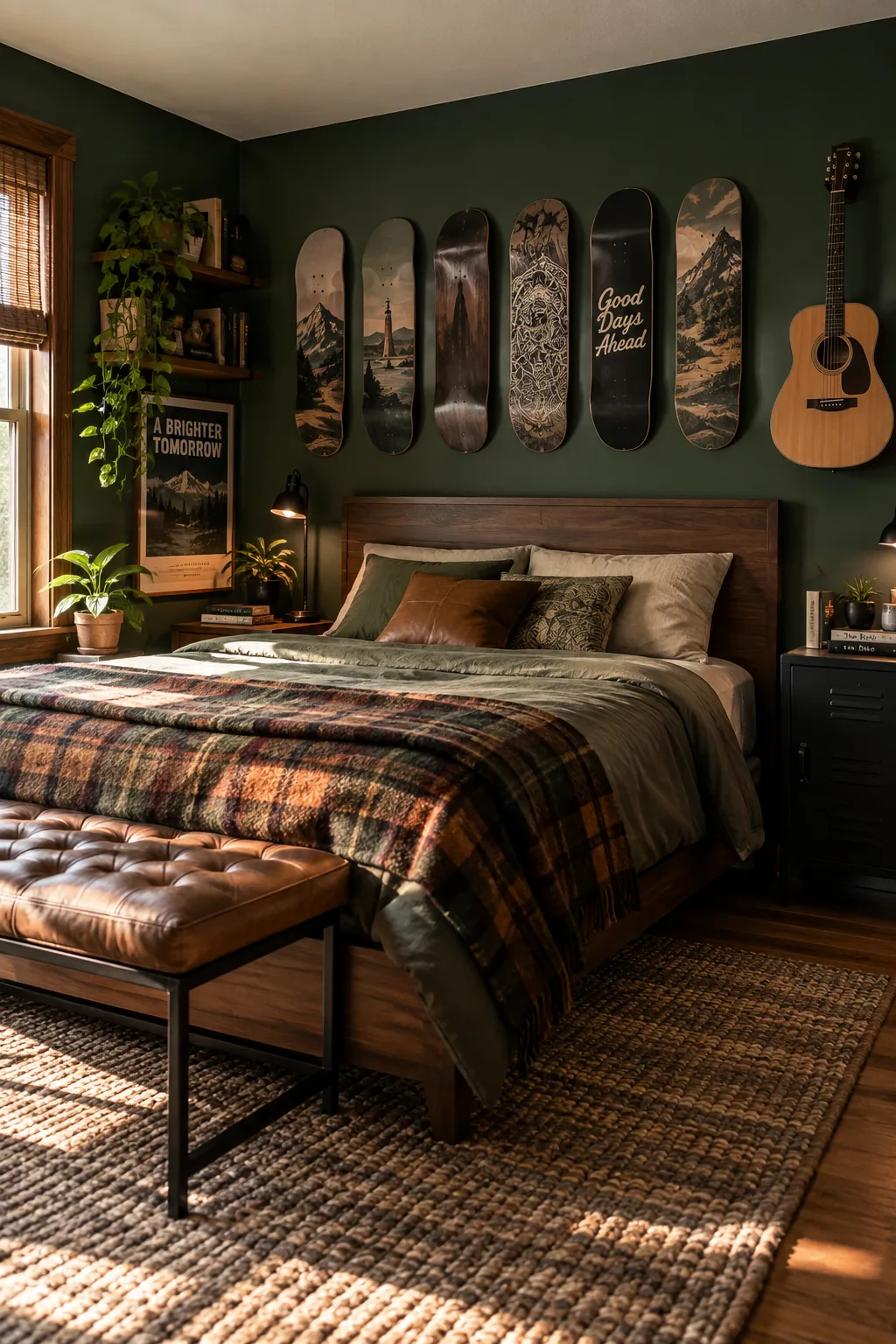 Skateboard decks and a guitar mounted on the wall above a bed as room decor.