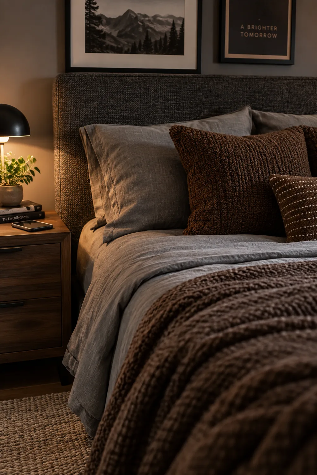 A queen size bed with a durable tweed upholstered headboard in a teen boy's room.