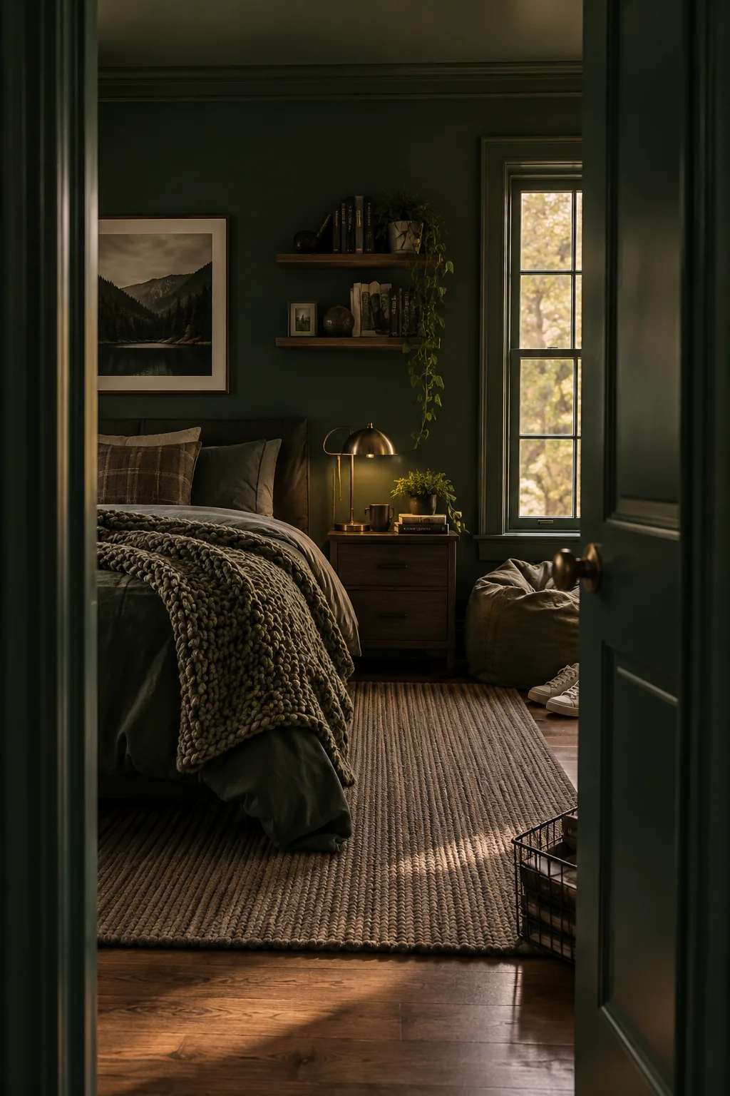 A monochromatic teen bedroom painted entirely in dark green, featuring a chunky knit blanket on the bed.