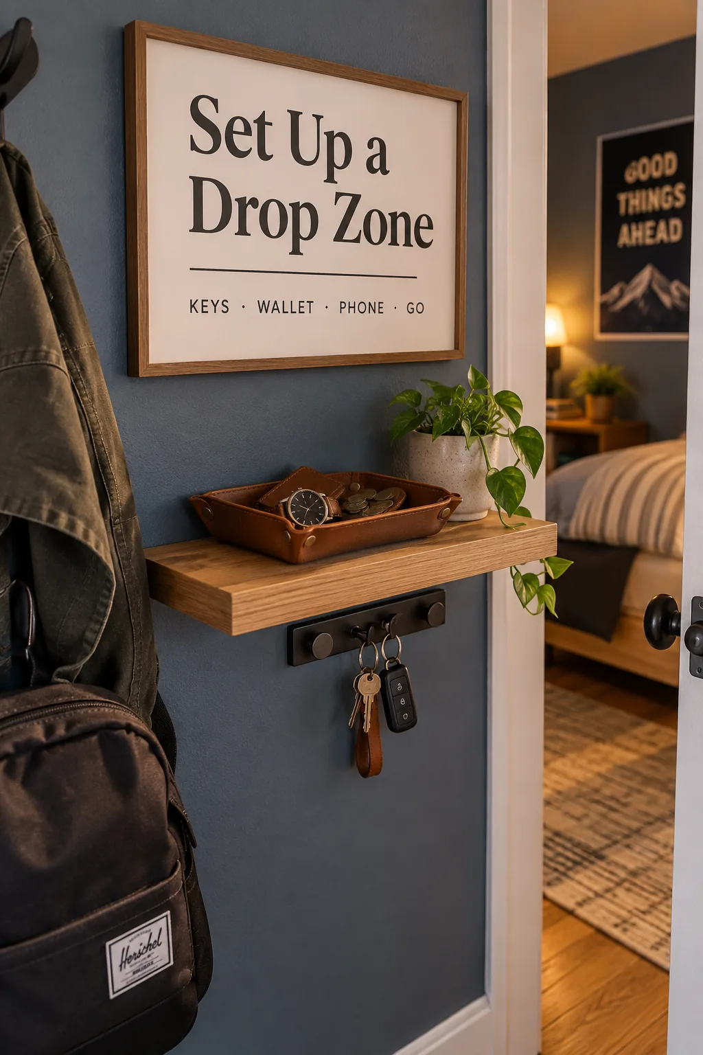A sleek leather valet tray and magnetic key hook on a small floating shelf near a bedroom door.