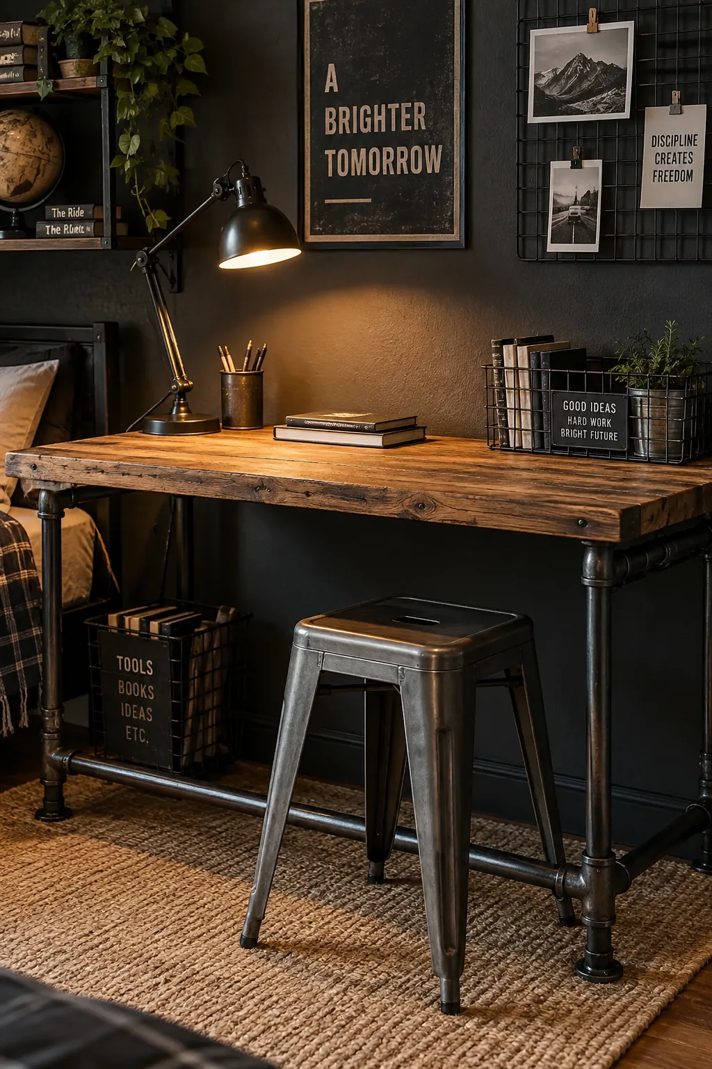 An industrial metal pipe desk with a reclaimed wood top and a leather desk pad.