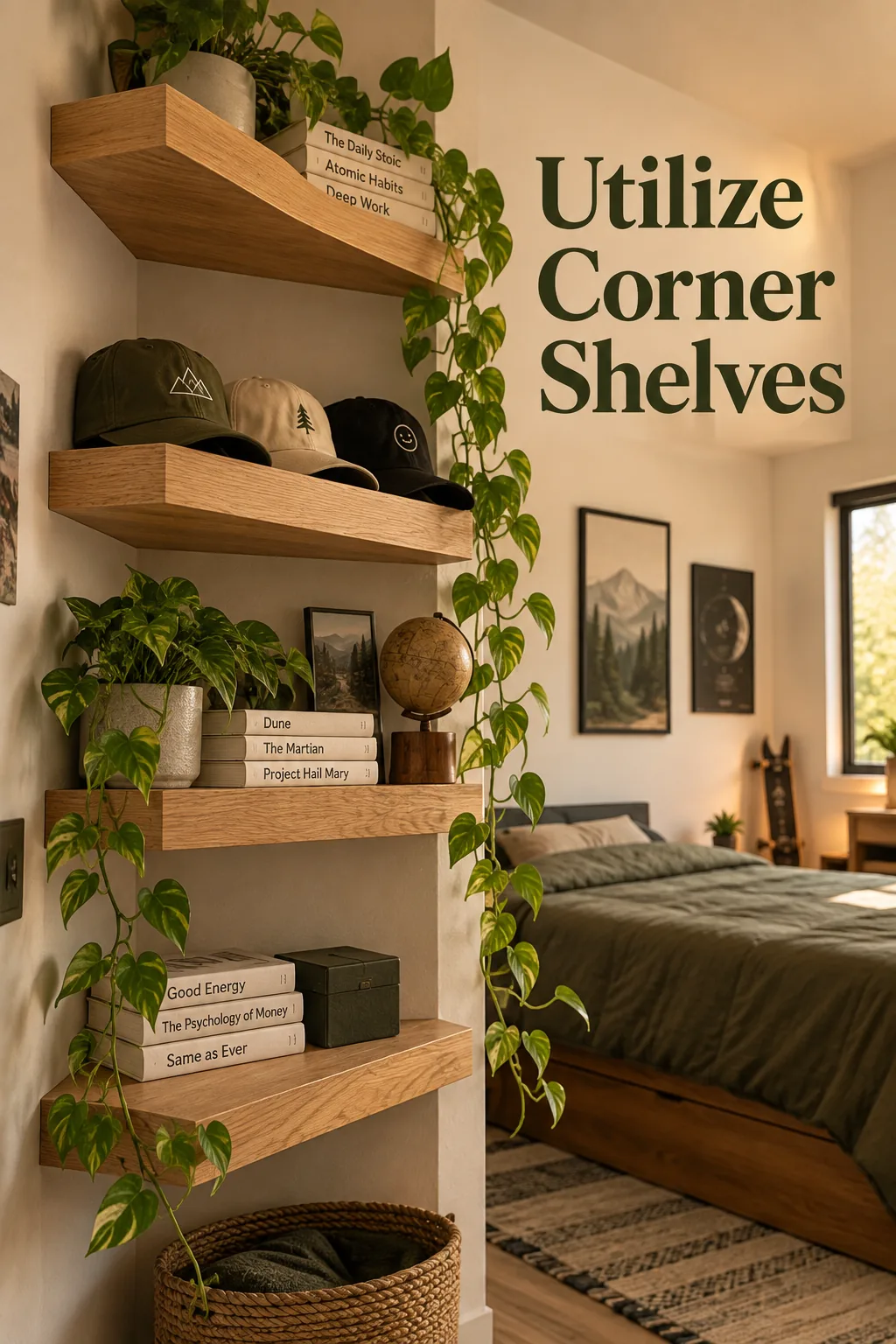 Wooden corner floating shelves displaying hats, books, and a small trailing plant.
