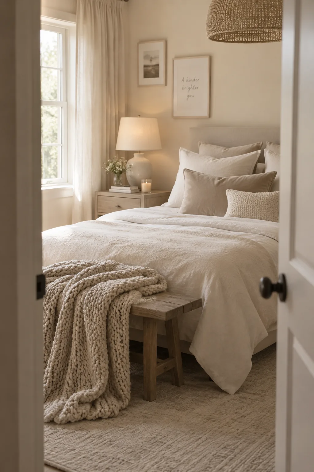 Teen bedroom featuring layered white and cream bedding with a chunky knit throw and velvet pillows