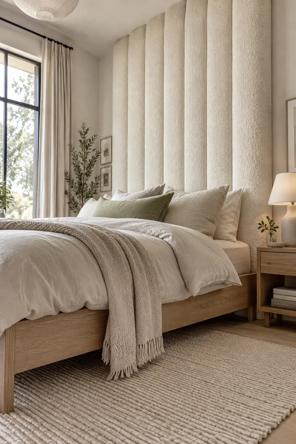 Tall upholstered headboard anchoring a bed in a teen girl's room