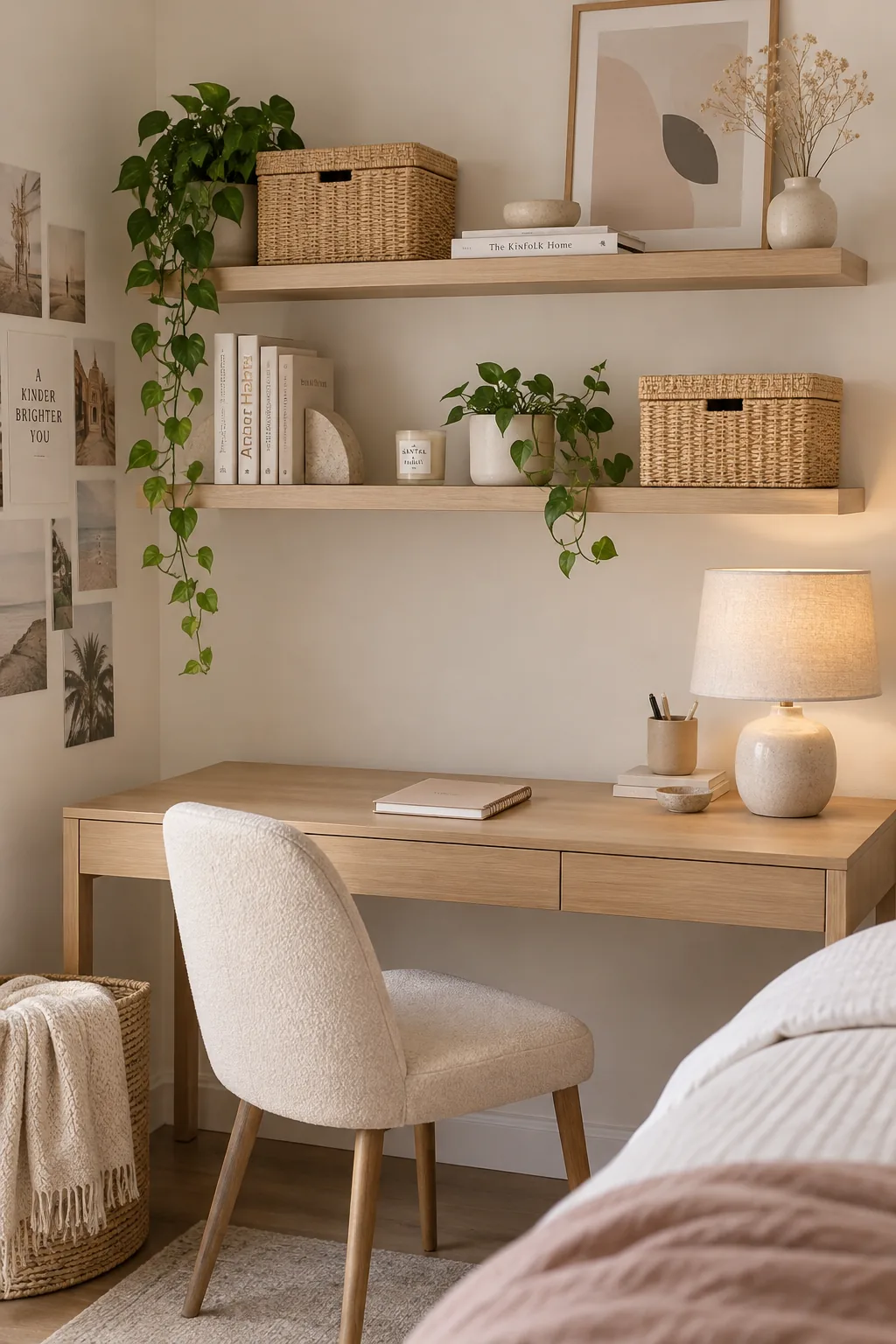 Floating wood shelves styled with matching boxes and art above a modern white desk