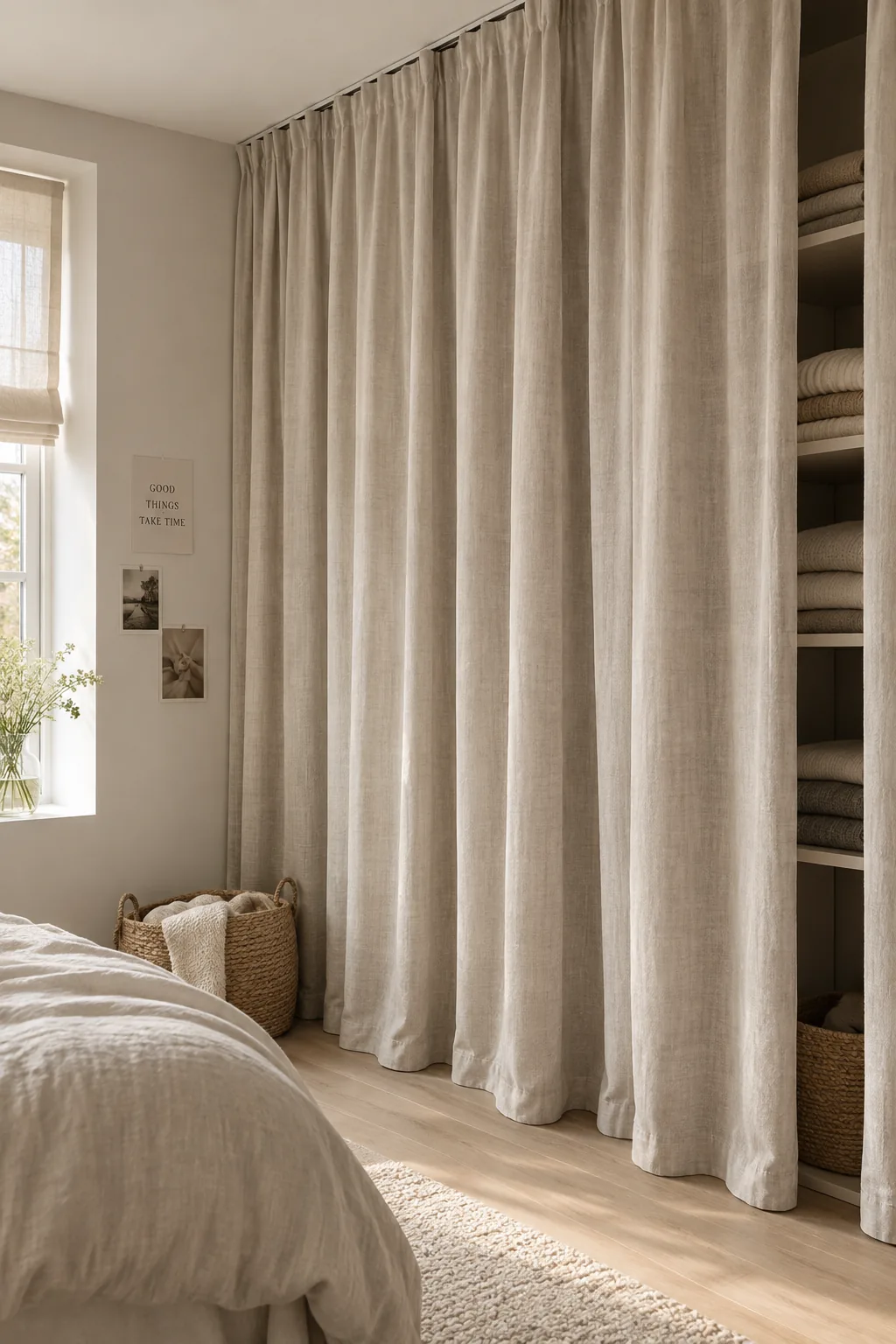 Soft linen curtains hanging from the ceiling to cover a closet space