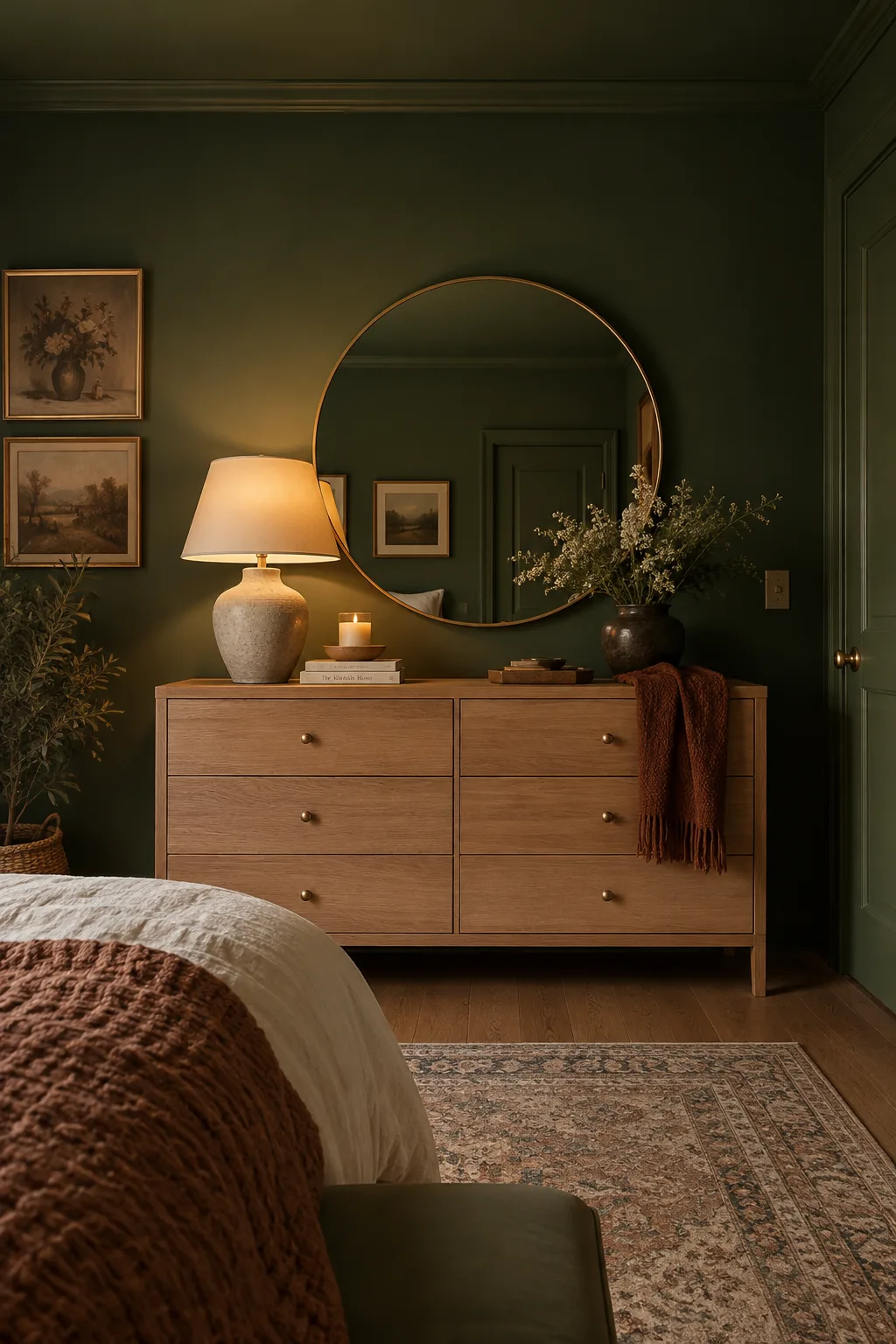 Teen bedroom painted entirely in a dark moody green, including the ceiling, paired with light oak furniture