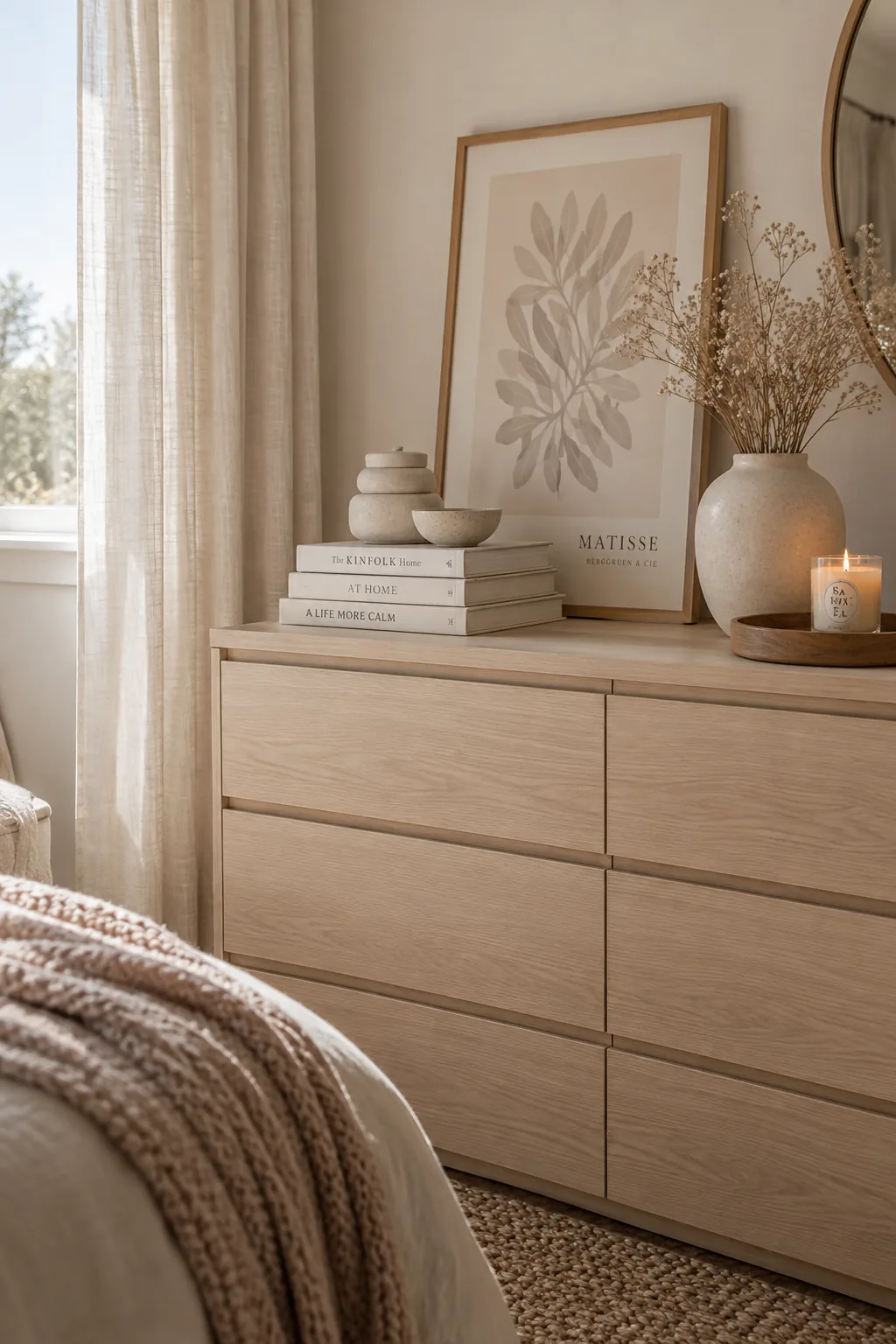 A wood dresser styled with a lamp, a jewelry tray, and a potted plant