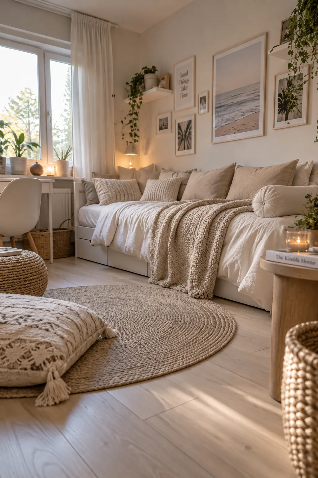 Twin bed pushed lengthwise against the wall with lots of pillows to look like a daybed