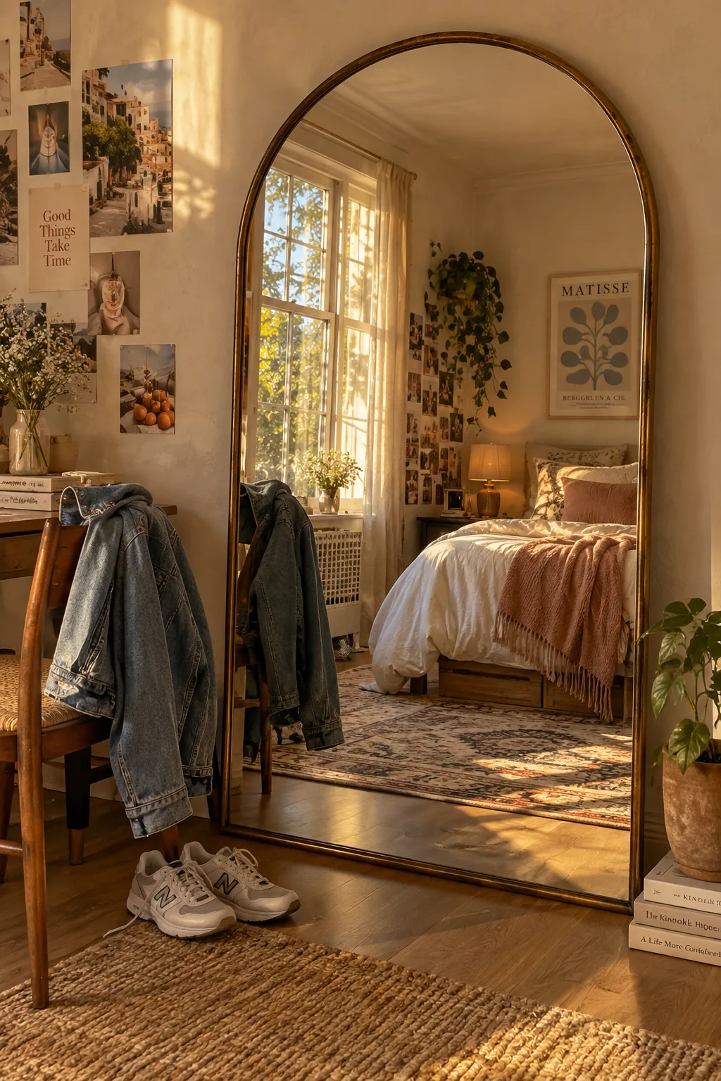 Large vintage gold mirror leaning against the wall in a bright teen bedroom