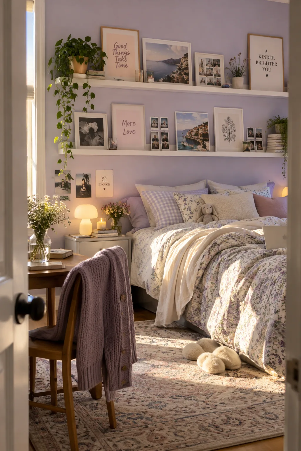 Long white picture ledge filled with overlapping art prints and polaroid photos