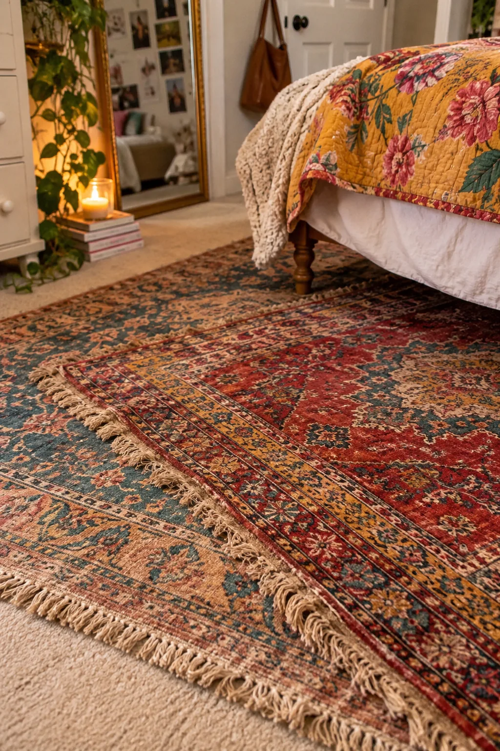 Colorful vintage rug layered over basic beige wall-to-wall carpet under a bed
