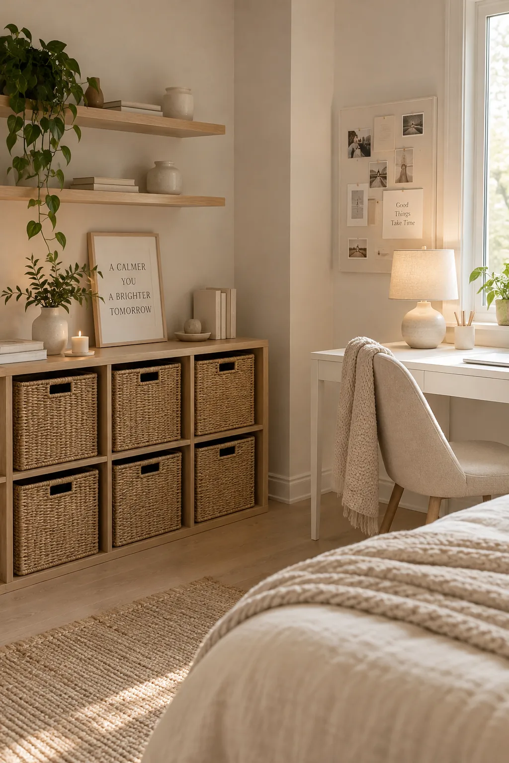 Bookshelf styled with identical woven baskets hiding all the clutter inside
