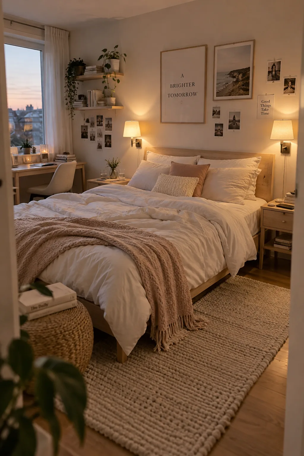 Brass plug-in wall sconce mounted above a small nightstand next to a bed