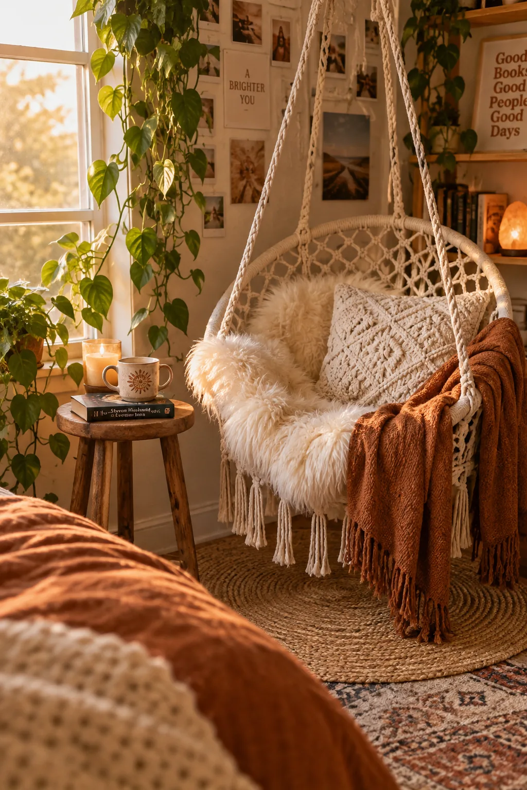 Hanging macrame chair in a bedroom corner styled with a fuzzy pillow and small side table