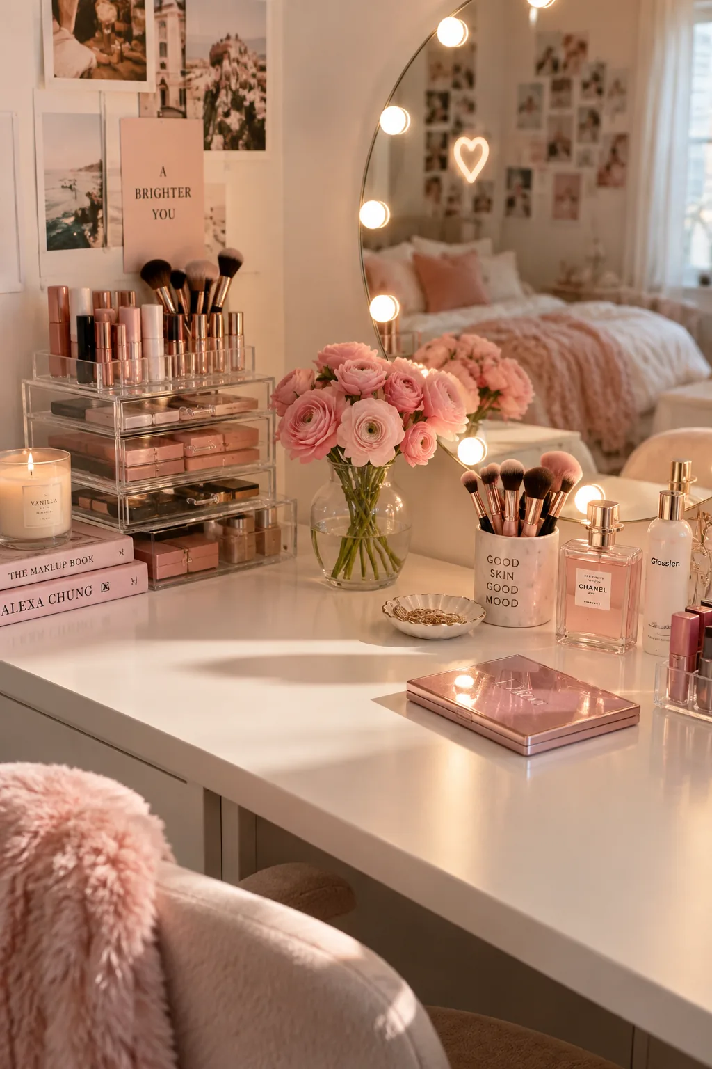 Makeup vanity organized with clear acrylic drawers holding cosmetics and brushes neatly