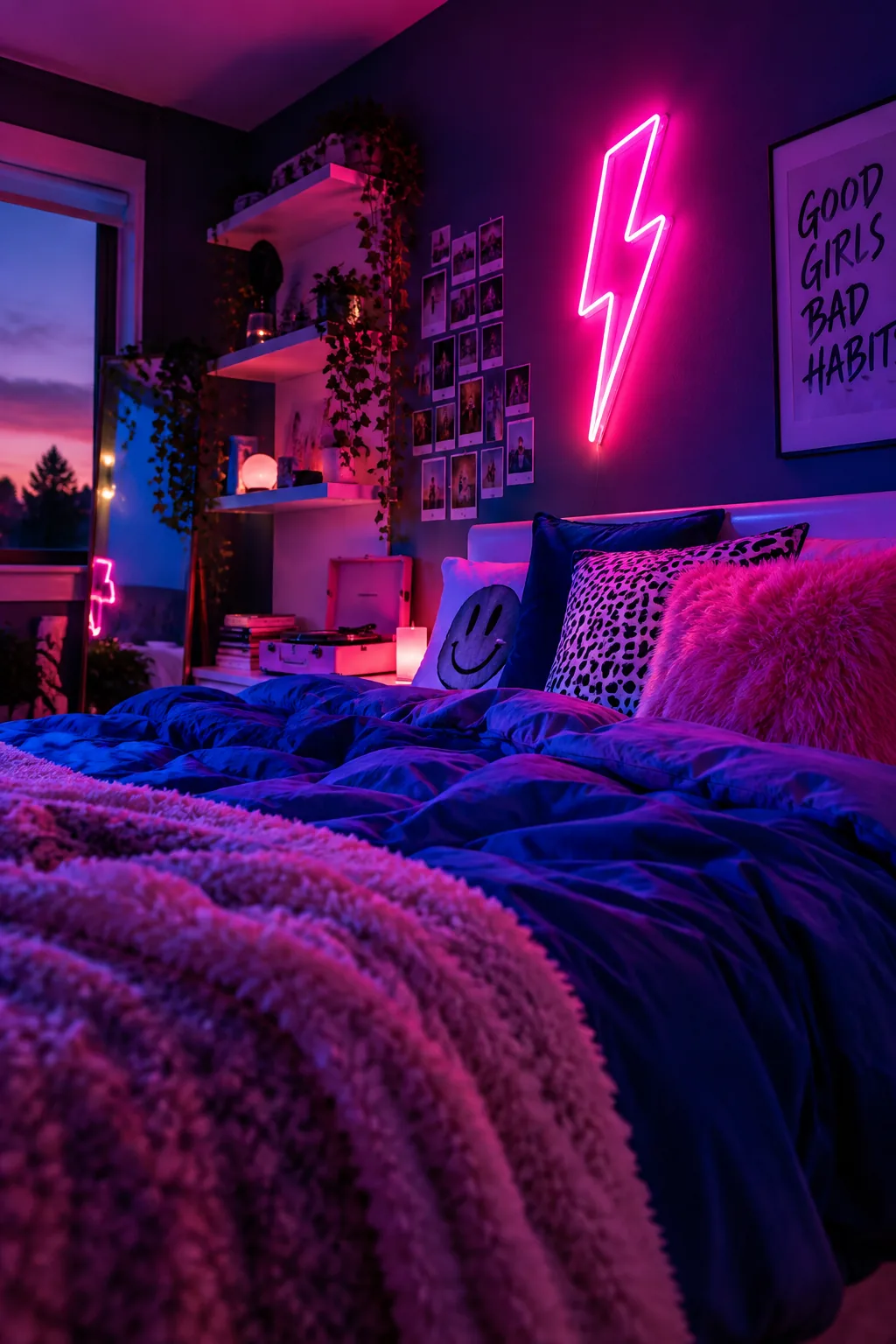 Pink custom neon LED sign glowing above a bed in a modern teen bedroom