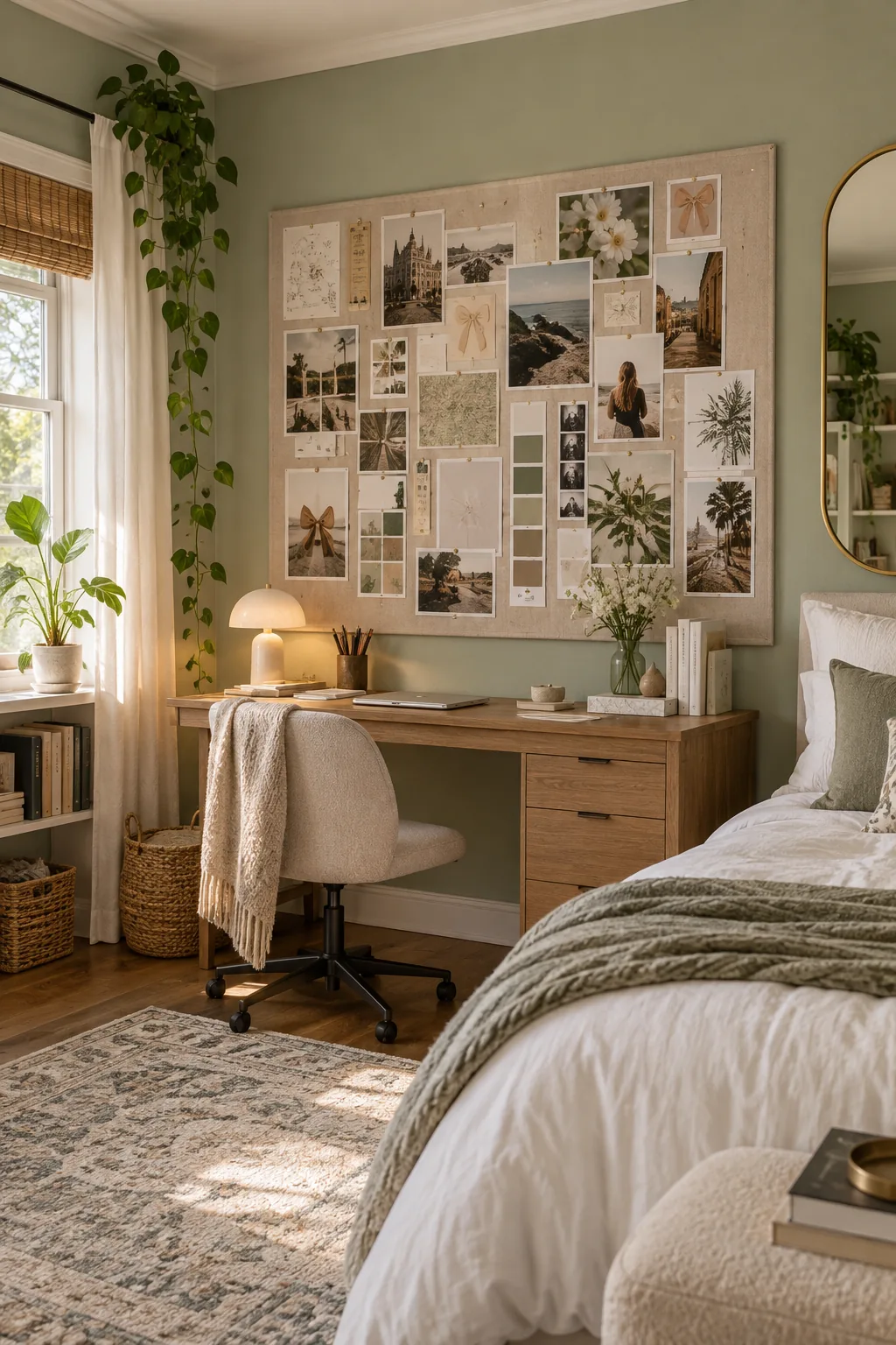 Large linen pinboard leaning on a desk filled with neat photos, quotes, and concert tickets