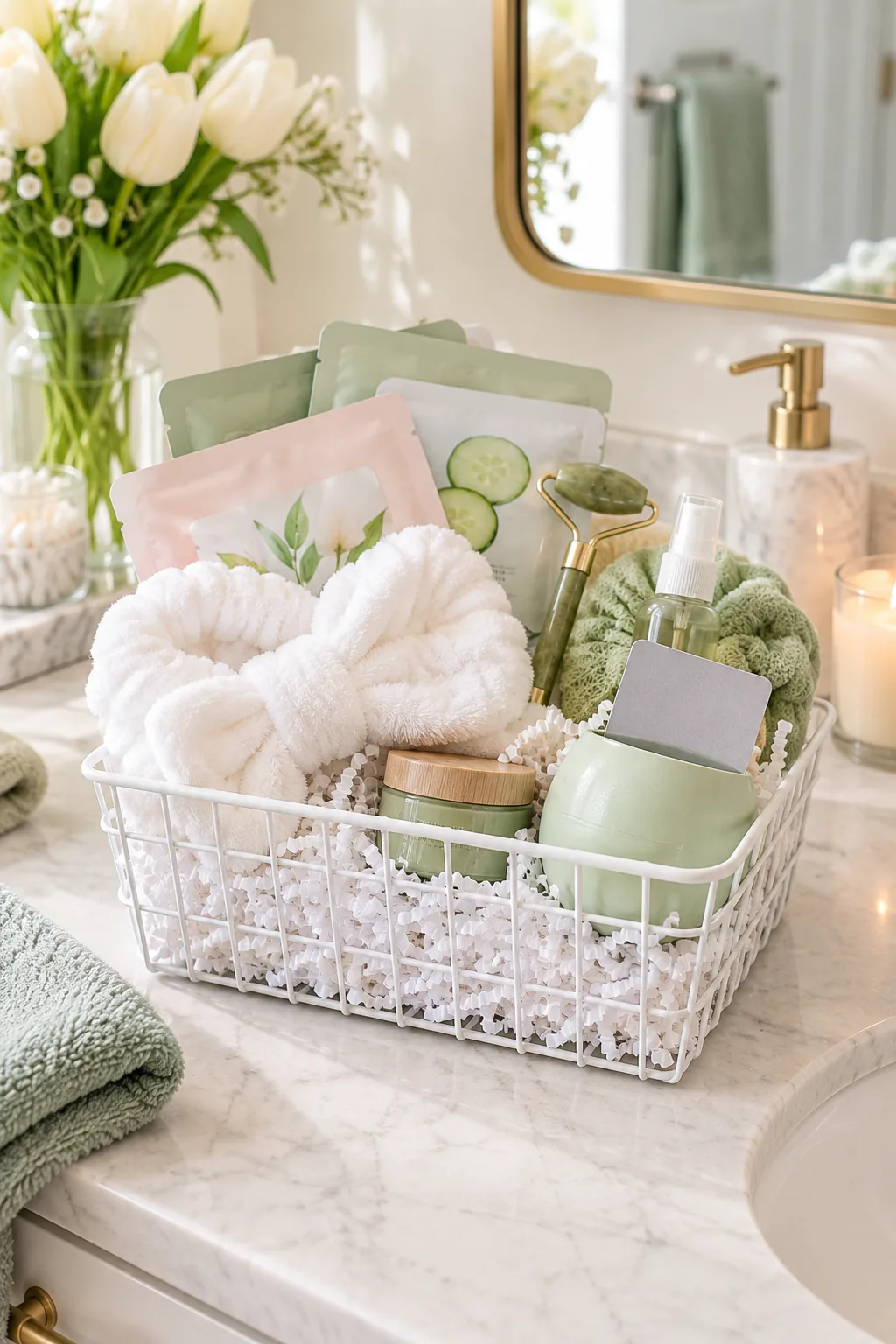 A spa-themed teen Easter basket in a white wire caddy on a bathroom vanity.