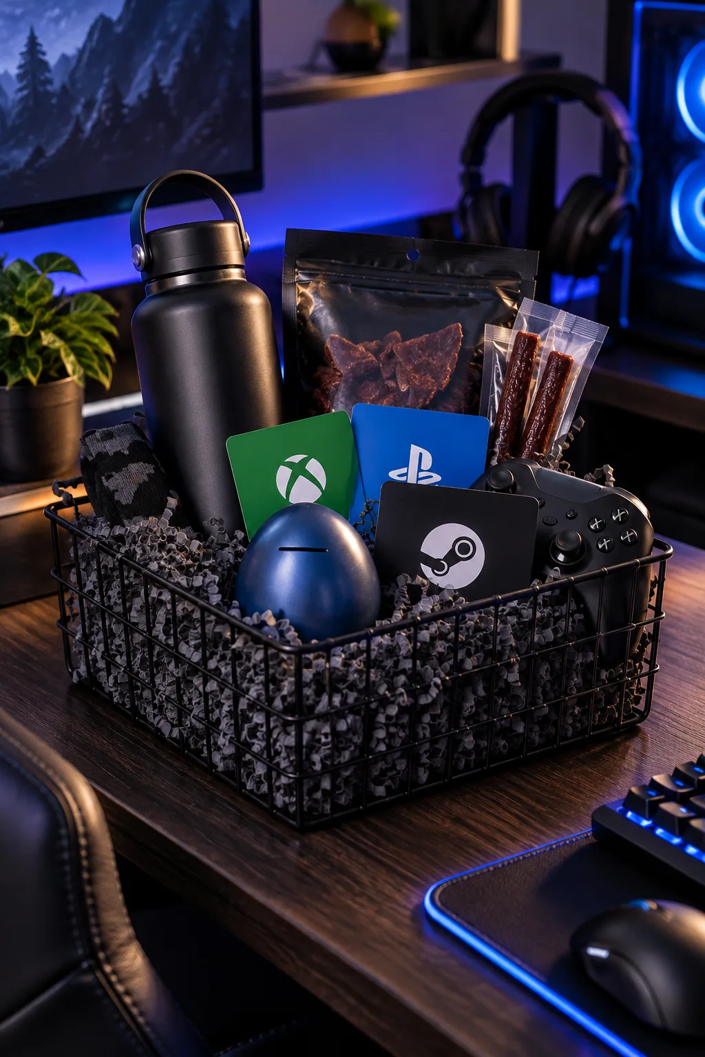 A gaming-themed teen Easter basket in a black wire caddy on a dark desk.