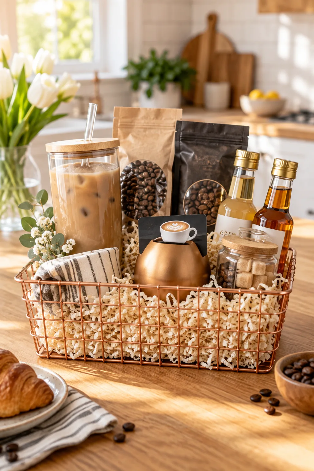 A coffee-themed teen Easter basket in a copper wire caddy on a kitchen island.