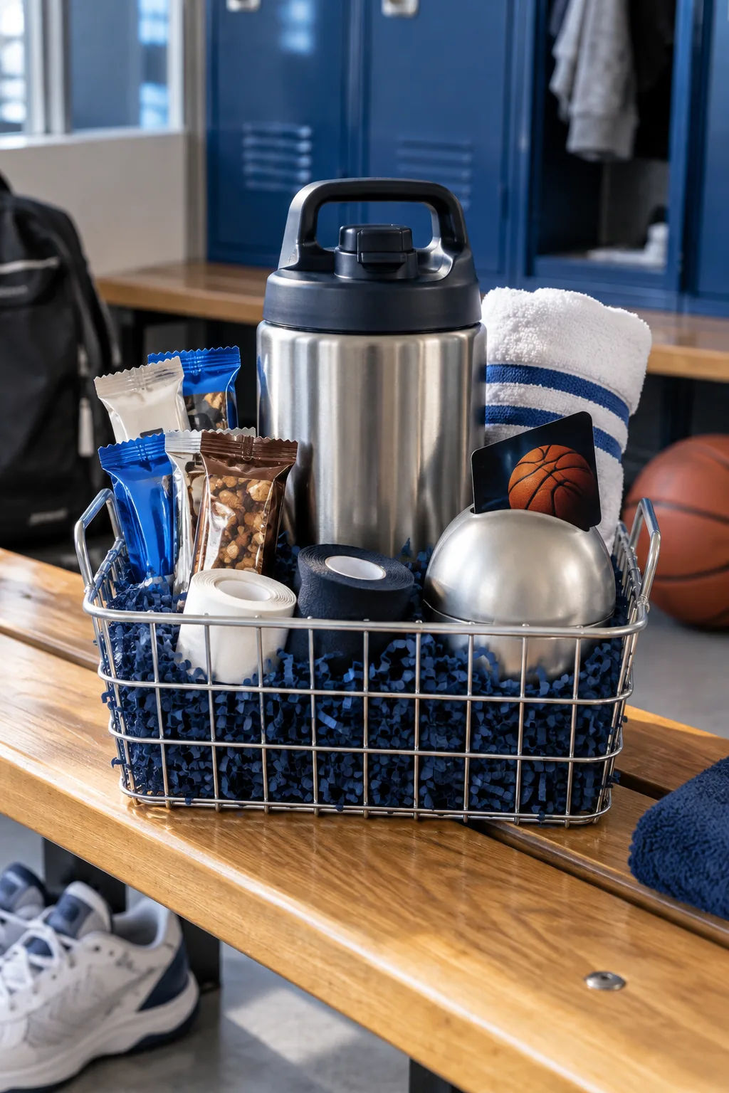 An athlete-themed teen Easter basket in a silver wire caddy on a wooden bench.