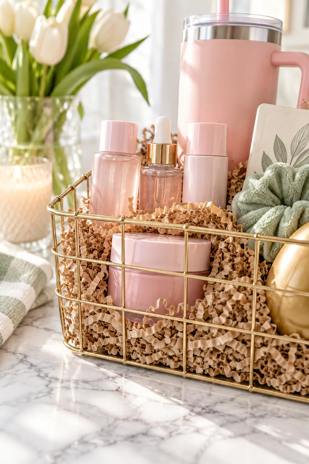 Close-up of a gold wire basket filled with crinkled brown kraft paper holding a pink skincare jar.