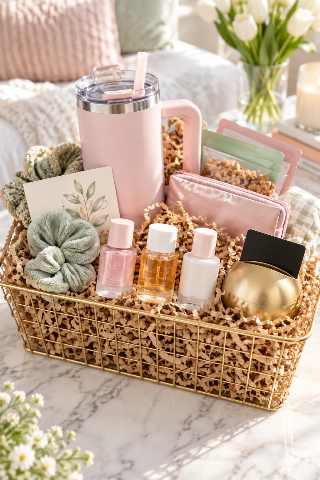 Overhead view of small skincare bottles elevated on hidden white foam blocks inside a paper-filled basket.
