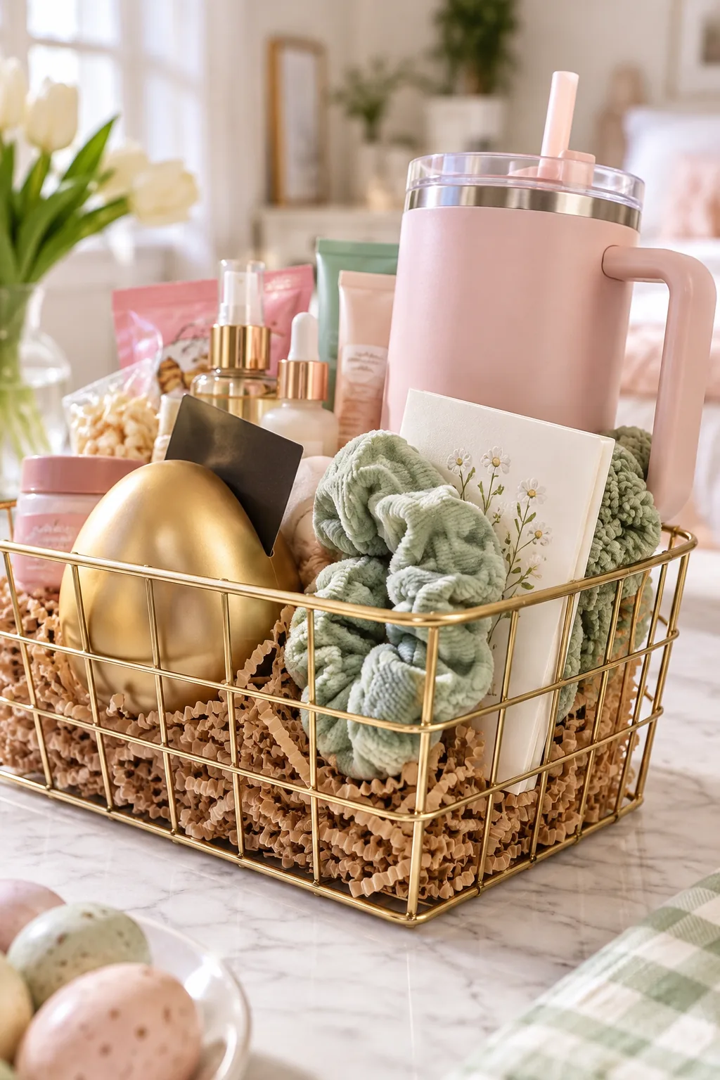 Soft green scrunchies and a quote card tucked between a pink tumbler and a wire basket rim.