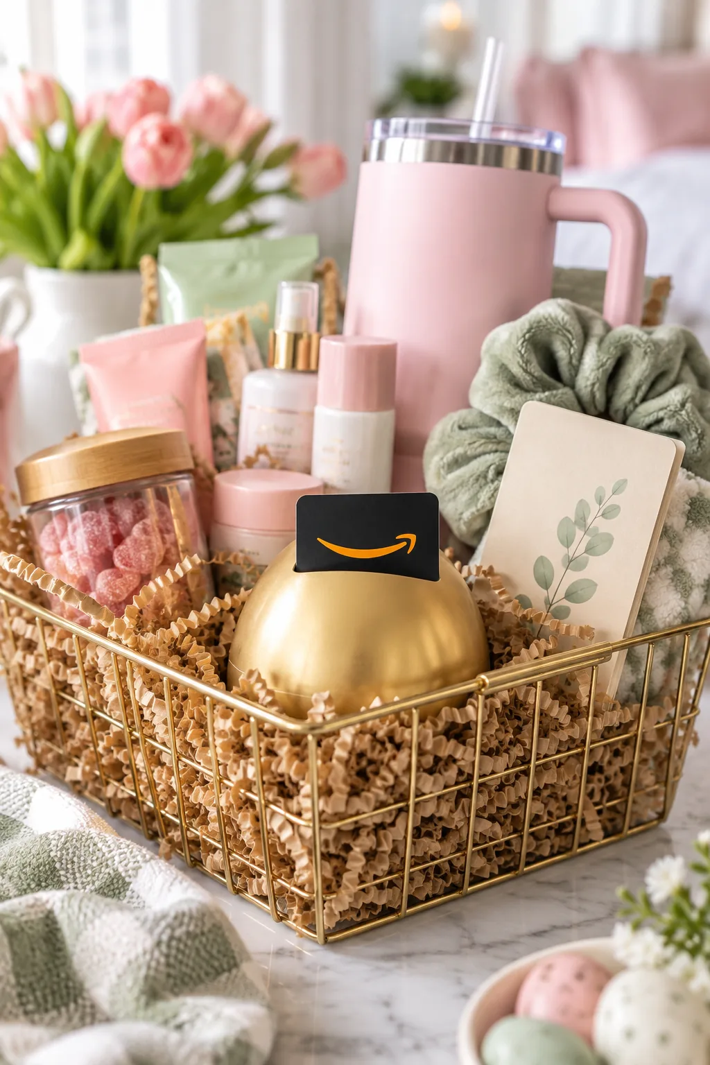 A black gift card securely wedged into a slit cut into the top of a matte gold plastic egg.