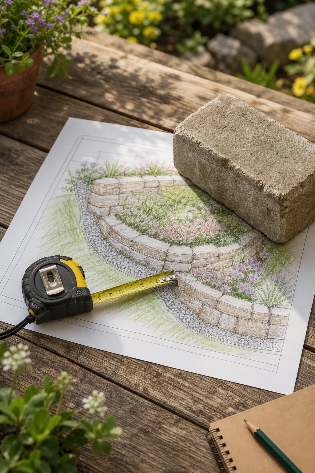 A landscape design blueprint on a wooden table next to a tape measure and a concrete retaining wall block.