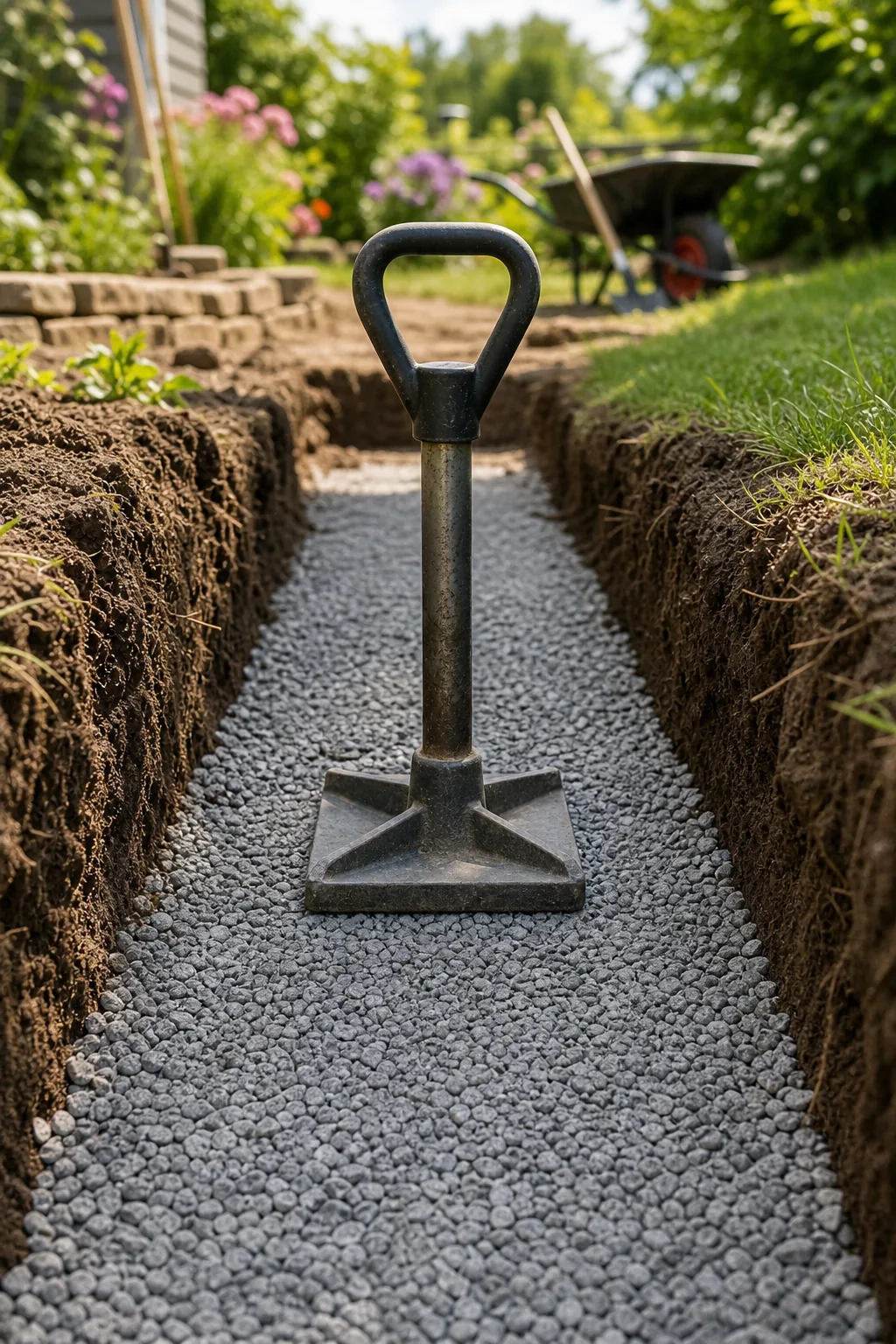 A steel hand tamper resting on compacted crushed gravel inside a dirt trench.